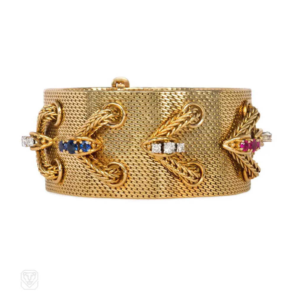 Women’s gold cuff bracelet-Woven gold and lace gem-set bracelet, Lotos