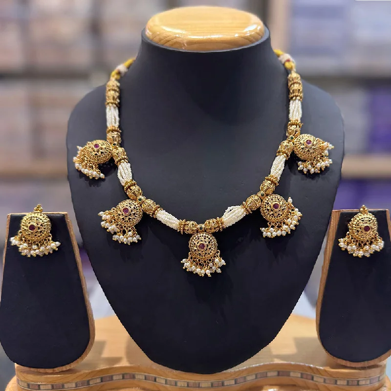 Women’s matching necklaces-JCM Gold Plated Pota Stone And Pearls Necklace Set