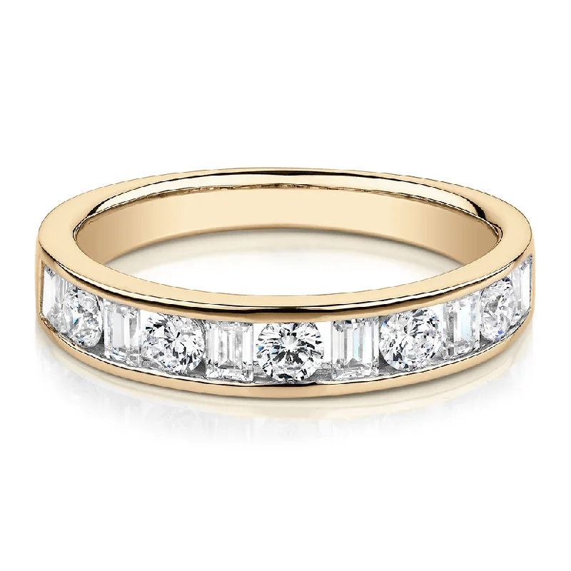 Women’s flower rings-Round Brilliant wedding or eternity band with 0.76 carats* of diamond simulants in 14 carat yellow gold