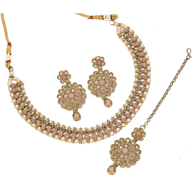 Women’s luxury gemstone necklaces-Mangalmani Jewels Gold Plated Crystal Stone Pearl And Beads Necklace Set