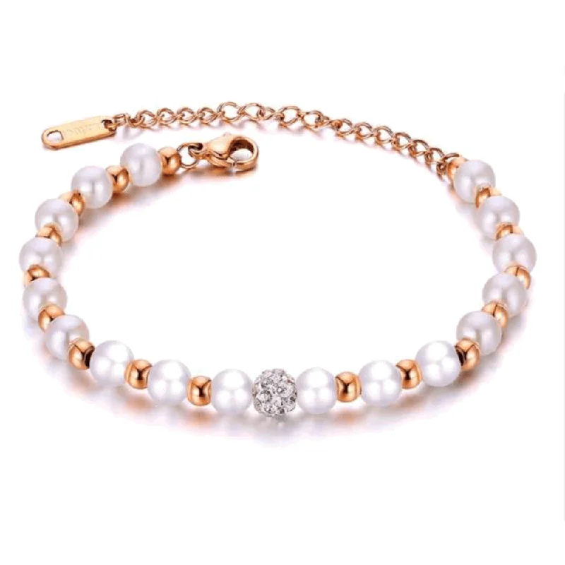 Women’s luxury gold bracelet-Rose Gold Beaded Bracelet with Simulated Pearls