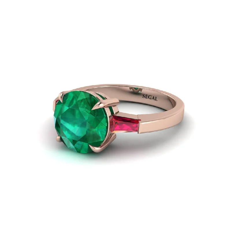 Women’s alternative engagement ring set-3 Stone Round Cut Emerald With 2 Baguettes Engagement Ring - Gwendolyn No. 50