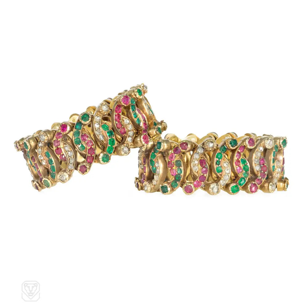 Women’s gemstone bangle-Antique expandable multi-gem gold bracelets