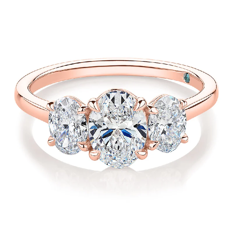 Women’s silver-plated rings-Premium Certified Lab-Grown Diamond, 1.87 carat TW oval three stone ring in 18 carat rose gold