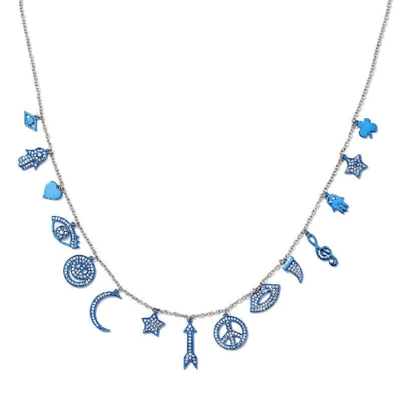 Women’s monogrammed necklaces-18kt White Gold Blue Charm Necklace