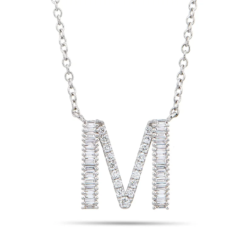 Women’s minimalist pendant necklaces-18K White Gold 0.33ct Baguette Diamond Initial Necklace