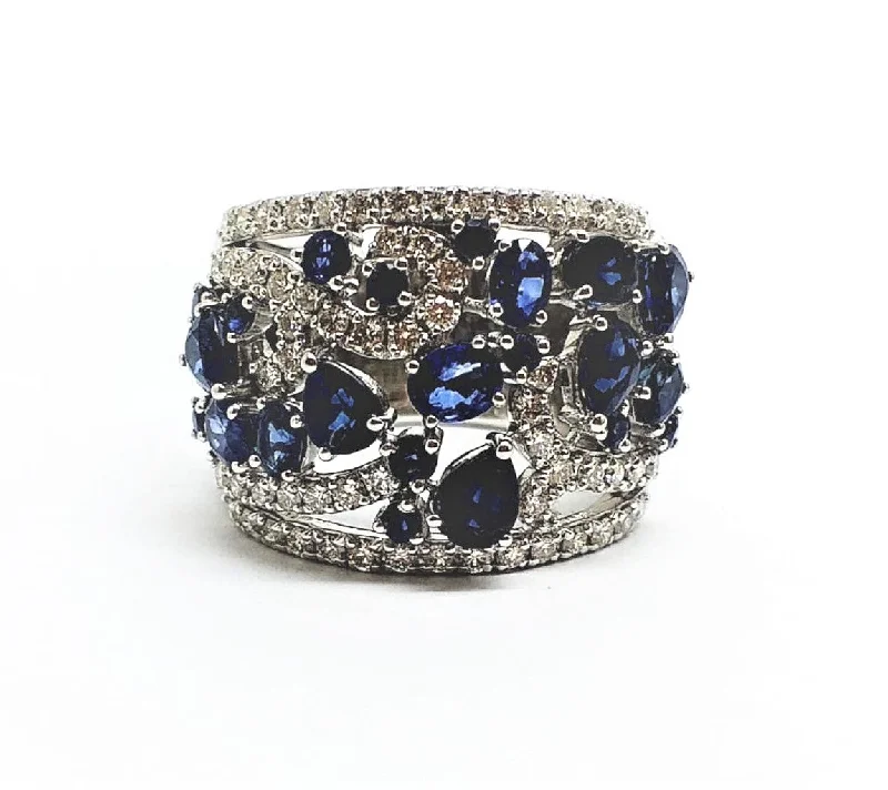 Women’s silver wedding rings-Blue sapphire & Diamond wide band ring in white gold (18MM)