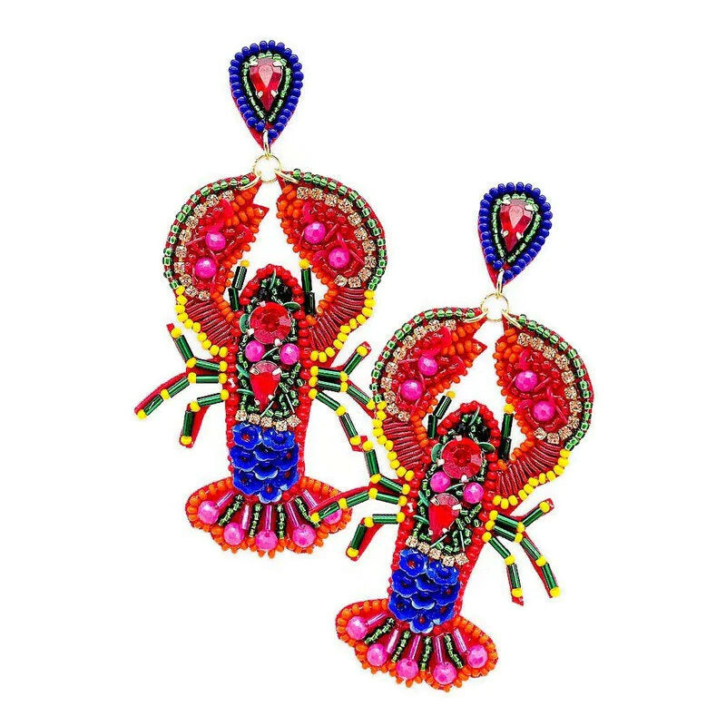 Women’s chic dangle earrings-Beaded Earrings, Bright Lobsters