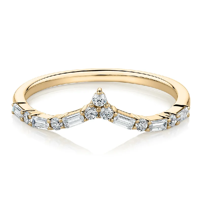 Women’s custom rings-Baguette curved wedding or eternity band with 0.39 carats* of diamond simulants in 10 carat yellow gold