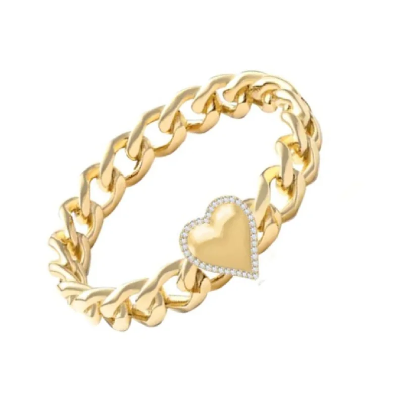 Women’s heart-shaped engagement rings-Puffy Gold Heart Pave Outline Cuban Ring