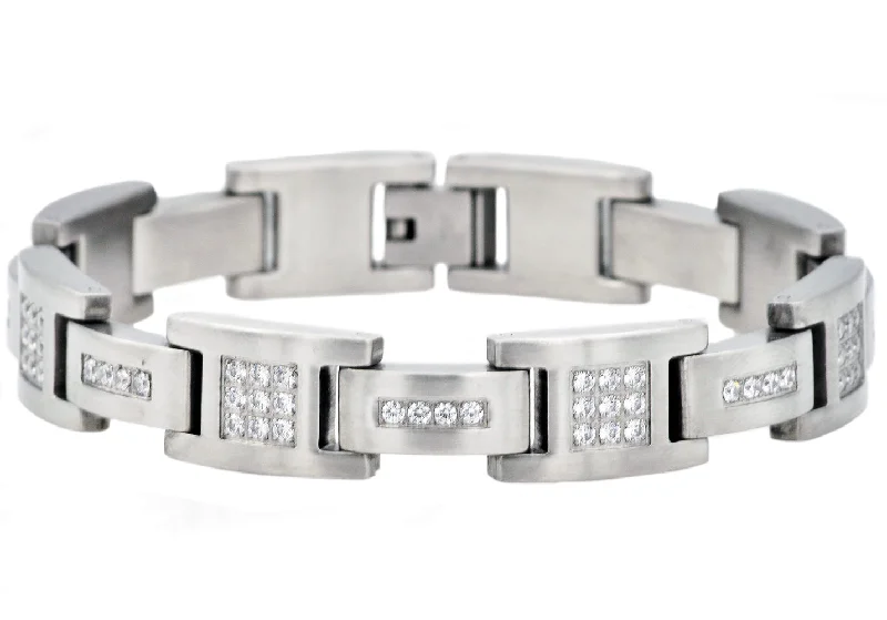 Women’s diamond bracelet set-Mens Matte Stainless Steel Bracelet With Cubic Zirconia