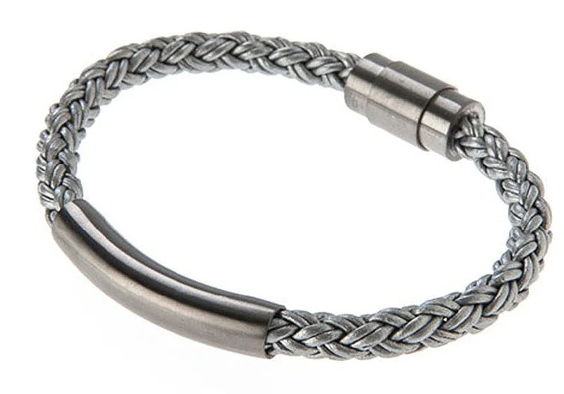 Women’s delicate bracelet-Mens Gray Leather Gunmetal Plated Stainless Steel Bracelet