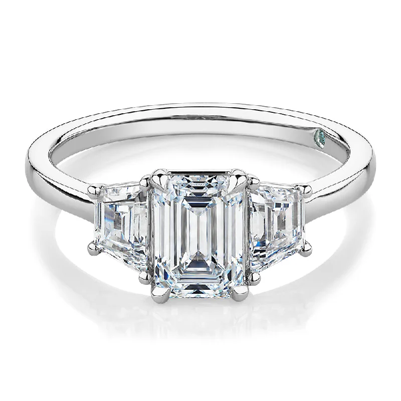 Women’s silver wedding rings-Premium Certified Lab-Grown Diamond, 1.87 carat TW emerald cut three stone ring in 14 carat white gold