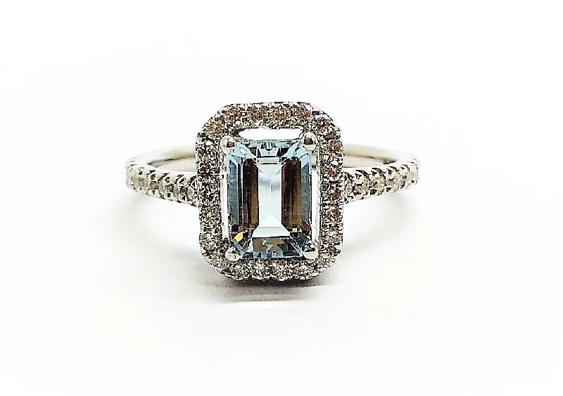 Women’s textured rings-Emerald Cut Aquamarine Ring with Diamond Halo in 14k white Gold,AD NO 2106