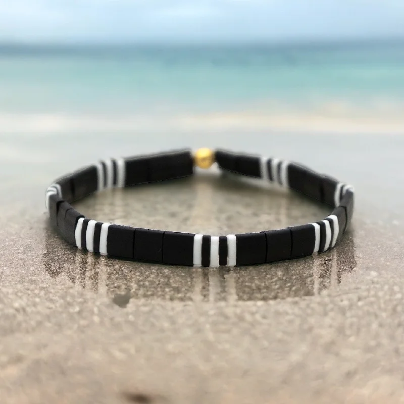 Women’s casual bangles-Black and white bracelet for woman, matte black bracelet, beaded bracelet, black bead bracelet, black bracelets, tila bead bracelets