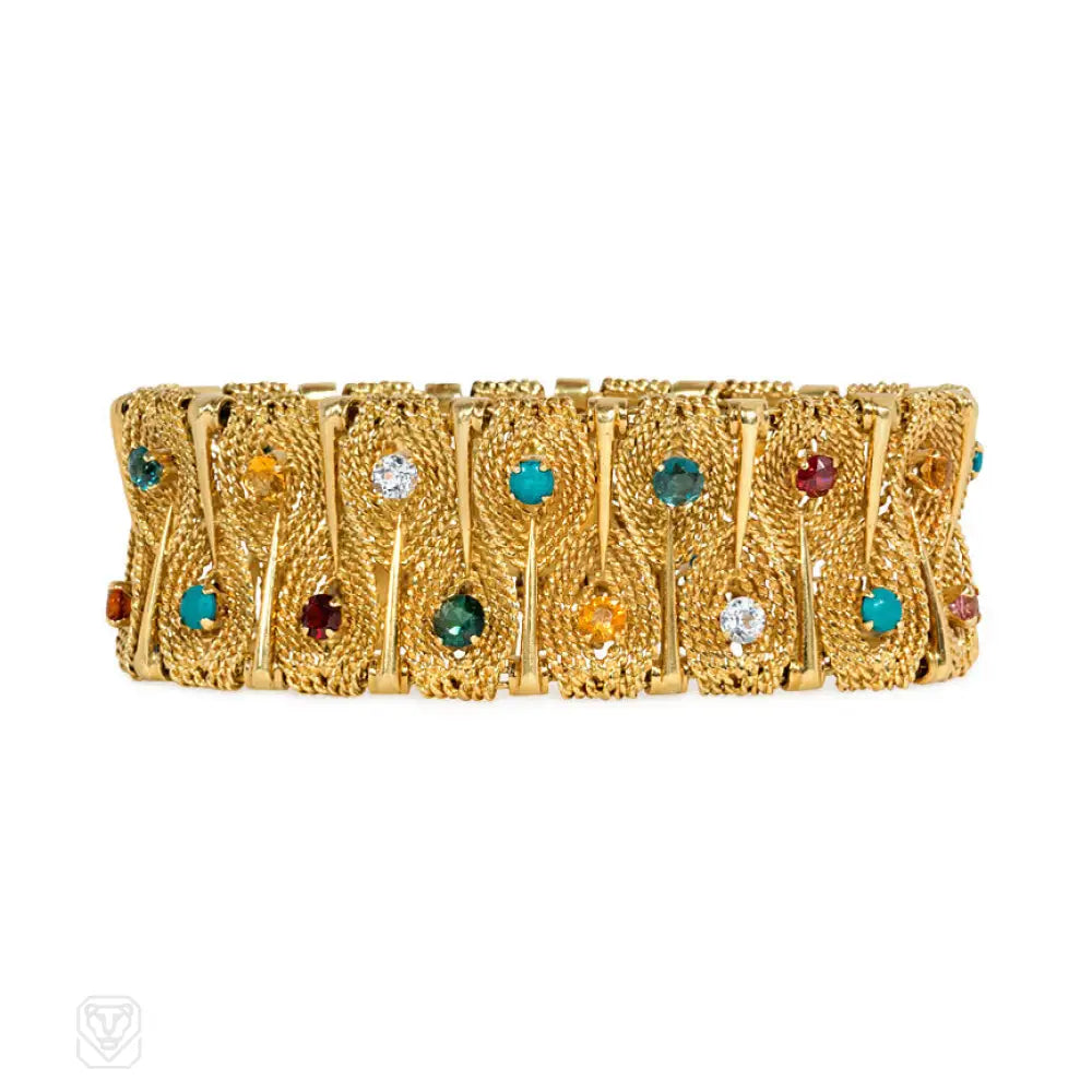 Women’s modern bracelet-Gold stylized leaf and gemset bracelet