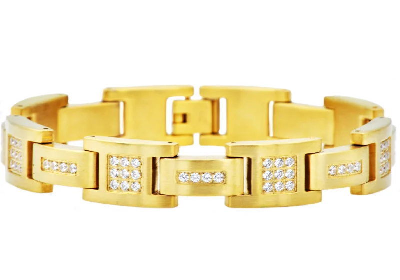 Women’s stacked bangles-Mens Matte Gold Stainless Steel Bracelet With Cubic Zirconia