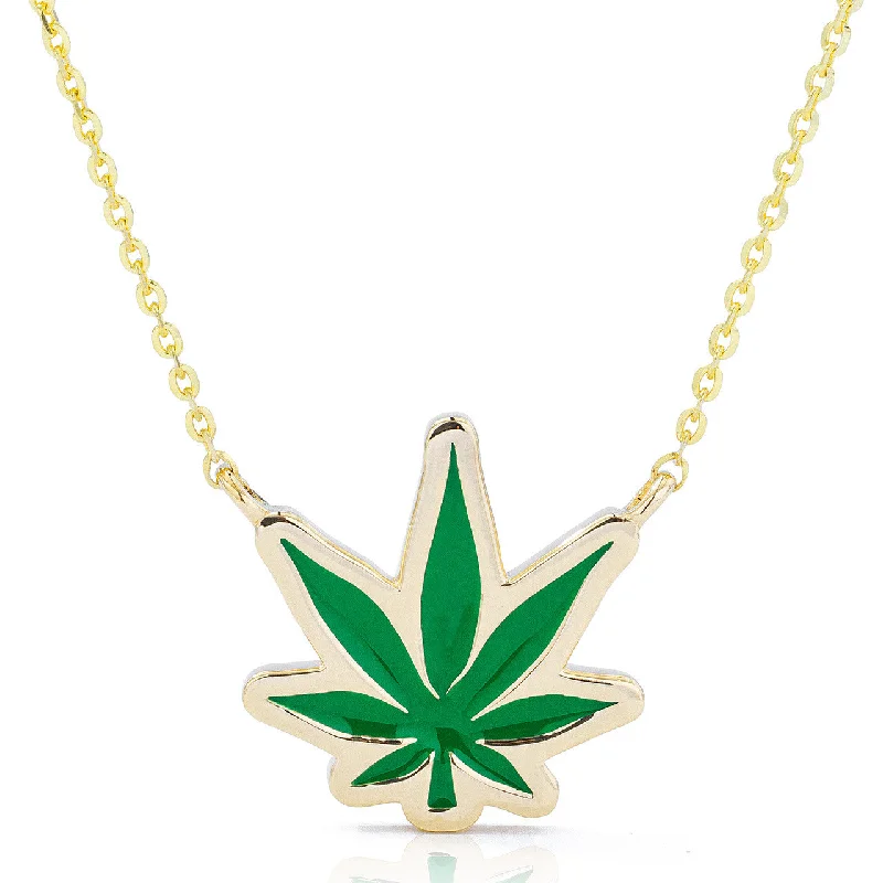 Women’s gold heart necklaces-14k Gold Pot Leaf Green Enamel Necklace