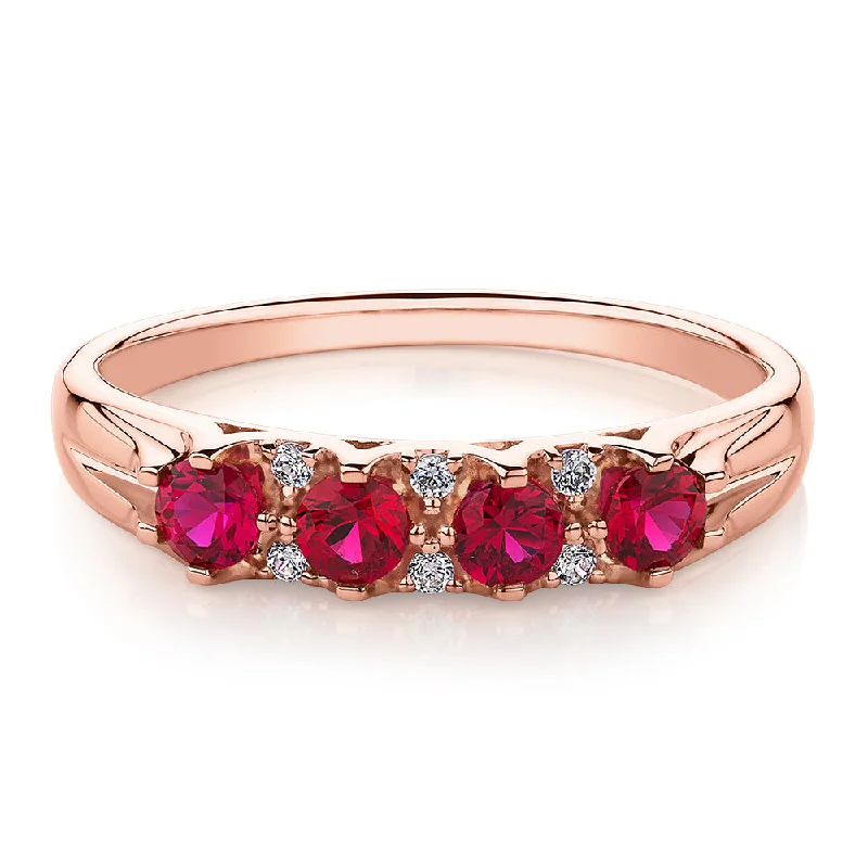 Women’s silver rings-Dress ring with ruby and diamond simulants in 10 carat rose gold