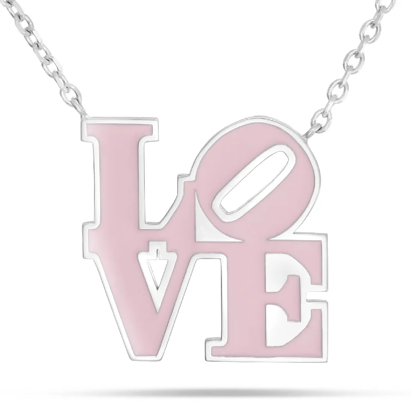 Women’s vintage-inspired necklaces-14K White Gold Philadelphia LOVE Pink Enamel Necklace