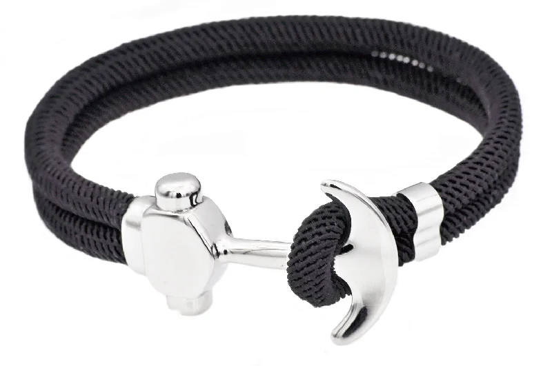 Women’s modern bangle bracelet-Mens Black Twisted Cotton Rope Stainless Steel Anchor Bracelet