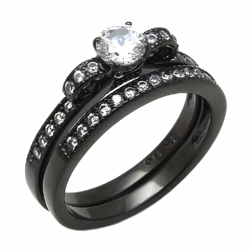 Women’s classic engagement ring set-0.4 Ct Small Round Cut CZ Black IP Stainless Steel 2 Pieces Engagement RINGS SET