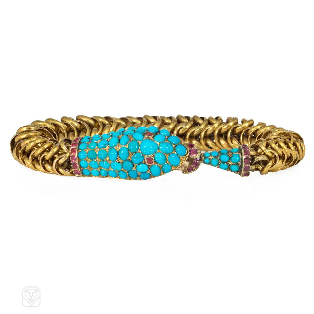 Women’s luxury bracelet-Antique turquoise and ruby serpent bracelet