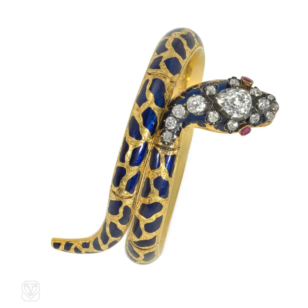 Women’s classic bracelet-Antique enamel, ruby and diamond snake bracelet