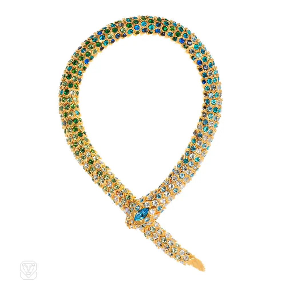 Women’s engraved gold bracelet-Goldtone blue and green crystal snake necklace/convertible to bracelet