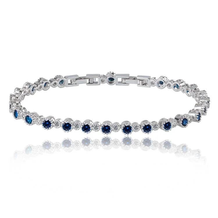 Women’s custom bangle-Sapphire and White Diamond Tennis Bracelet with Round Cut Cubic Zirconia