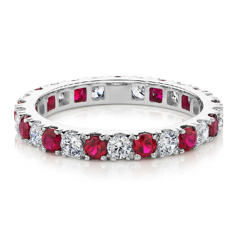 Women’s gold rings-All-rounder eternity band with ruby simulants and 0.78 carats* of diamond simulants in 14 carat white gold