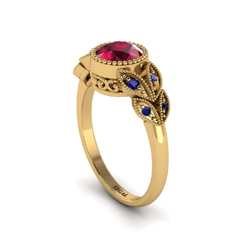 Women’s round solitaire diamond ring-Art Deco Ruby Leaves Engagement Rings - Thalia No. 70