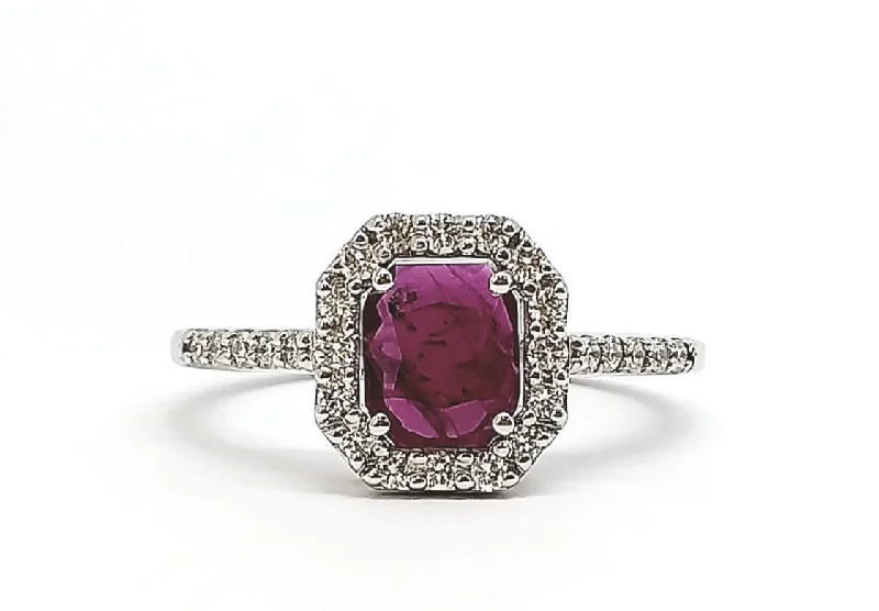 Women’s luxury gold rings-Emerald Cut Ruby and Diamond Halo Ring AD NO.-2151