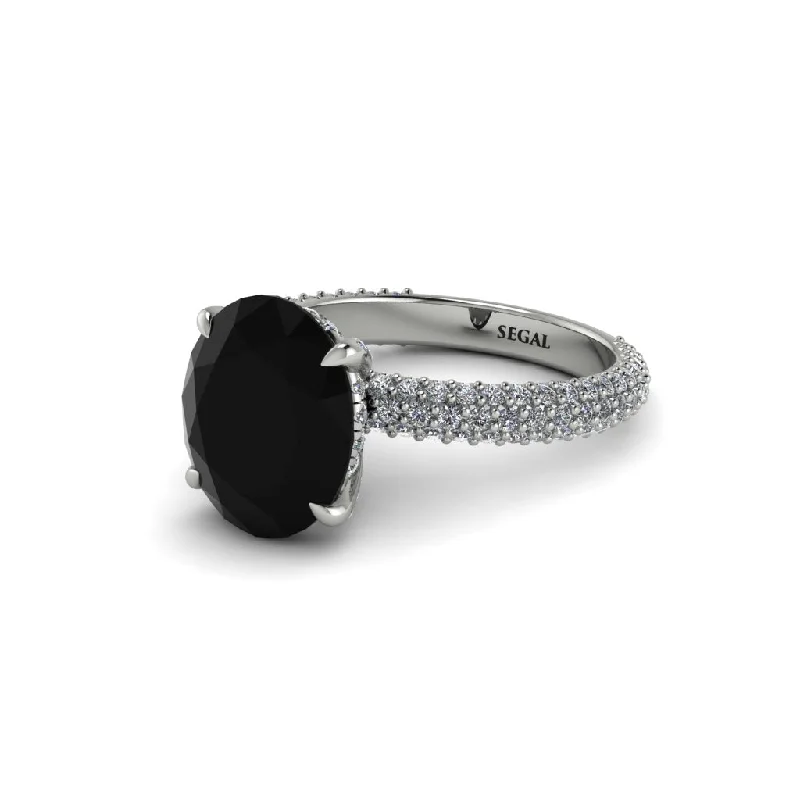 Women’s diamond solitaire ring-Oval Cut Black Diamond Classic Pave Engagement Ring - Irene No. 9