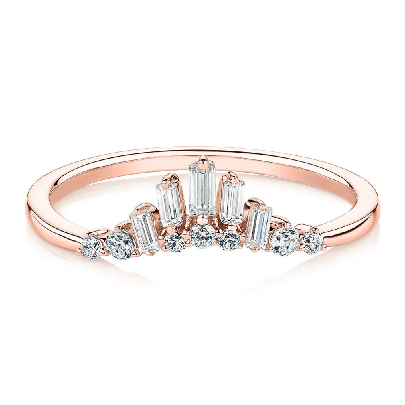 Women’s romantic promise rings-Baguette curved wedding or eternity band with 0.35 carats* of diamond simulants in 10 carat rose gold