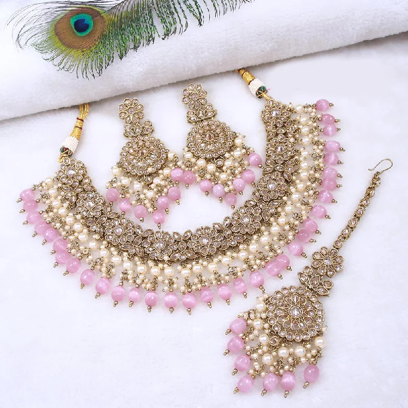 Women’s matching pendant necklaces-Mangalmani Jewels Gold Plated Crystal Stone Pearl And Beads Necklace Set