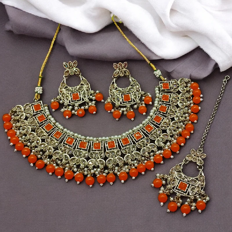 Women’s casual necklaces-Gehana Mahal Gold Plated Crystal Stone Pearl And Beads Necklace Set