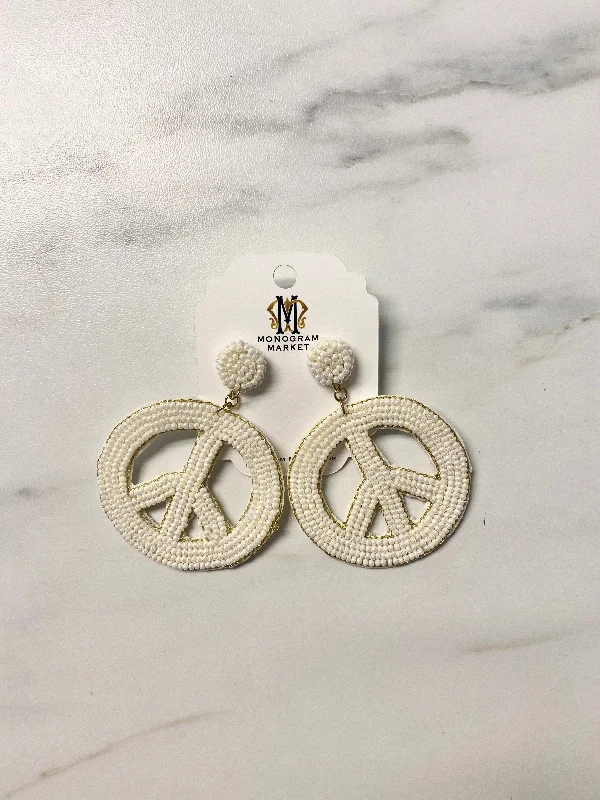 Women’s unique hoop earrings-Beaded Earrings, White Peace Signs