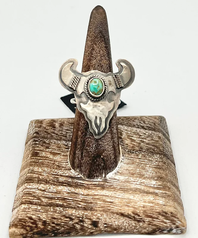 Women’s silver-plated rings-Ring- Reagan Hough Cattle Skull Silver Turquoise