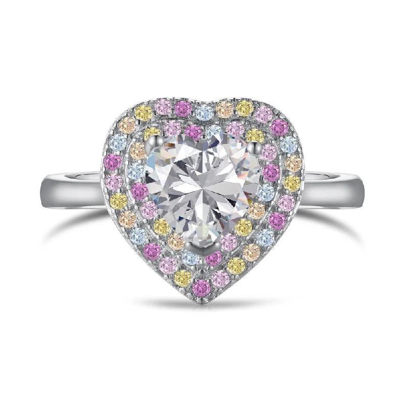 Women’s affordable engagement ring-Sterling Silver Heart-Shaped Pastel Rainbow Halo Engagement Ring