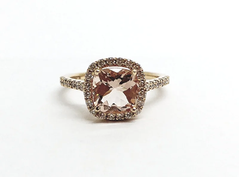 Women’s trendy rings-Cushion Cut Morganite Diamond Halo Cocktail Ring AD NO 2107