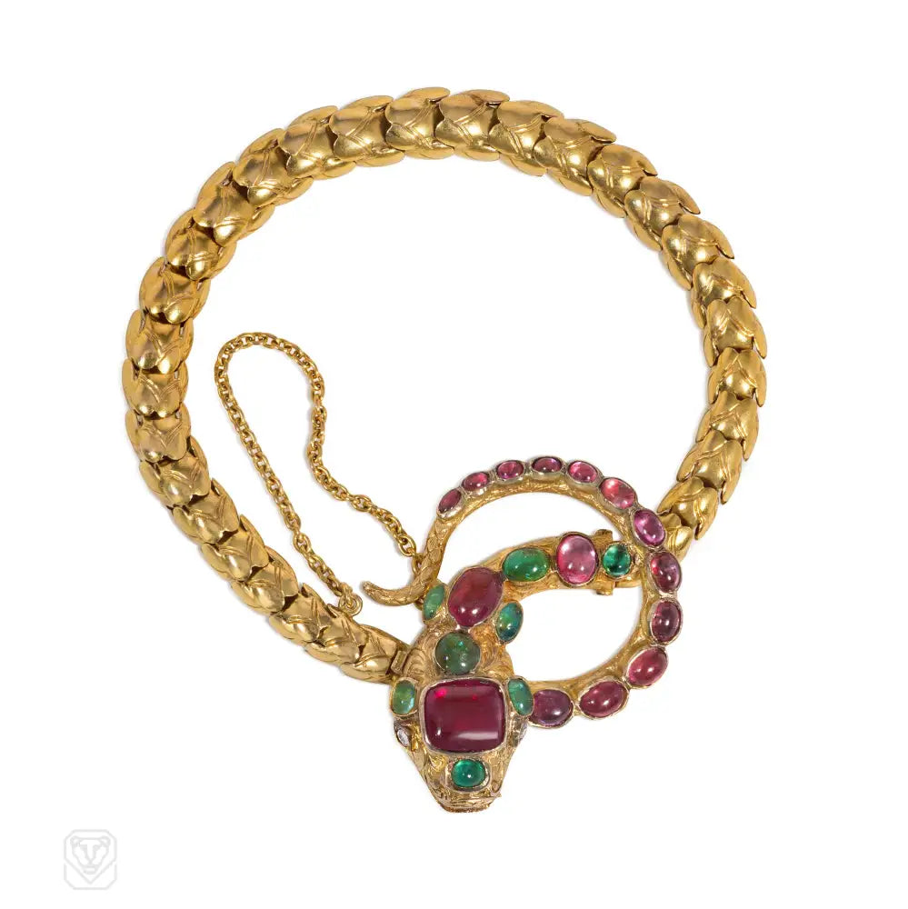 Women’s braided bracelet-Antique gold, ruby, and emerald snake bracelet