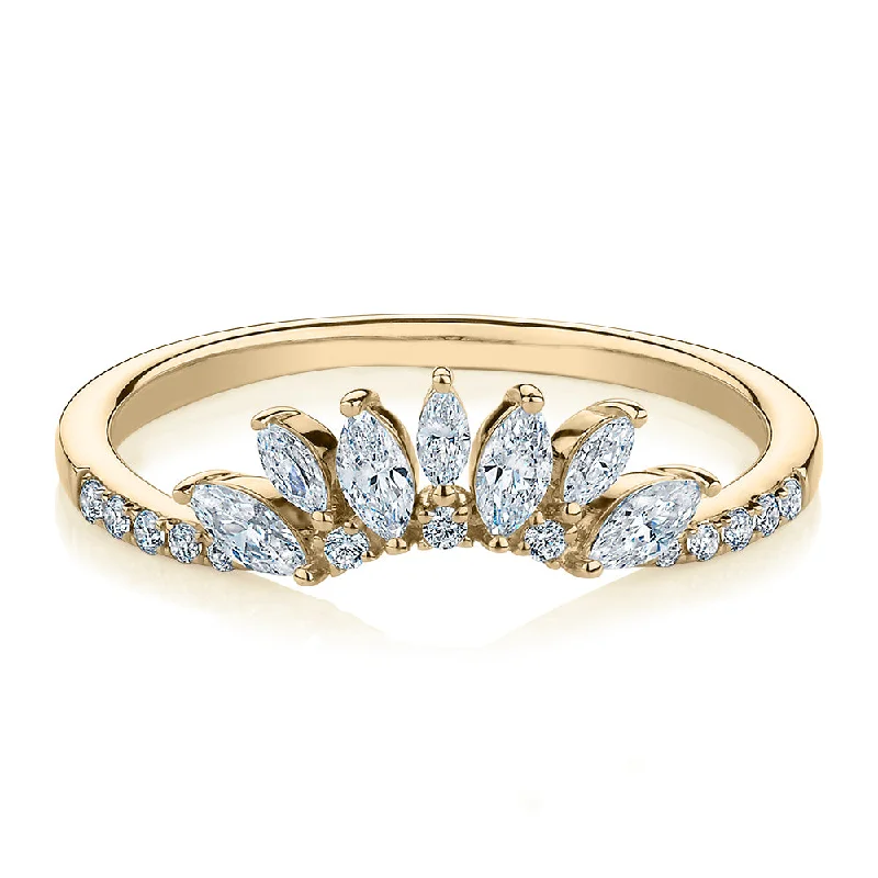 Women’s geometric rings-Marquise curved wedding or eternity band with 0.56 carats* of diamond simulants in 10 carat yellow gold