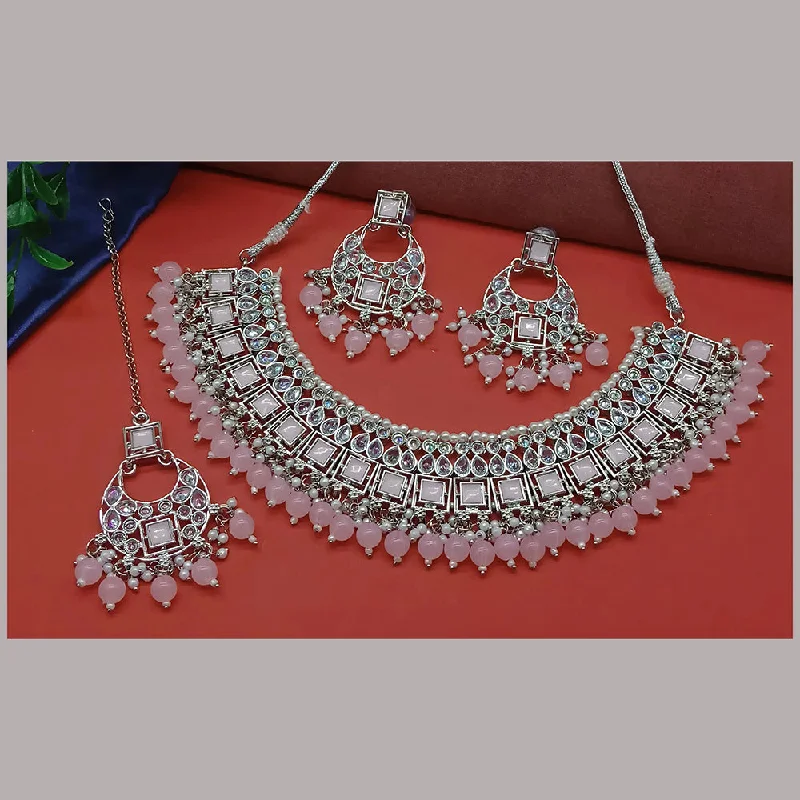 Women’s chic gold necklaces-Gehana Mahal Silver Plated Crystal Stone Pearl And Beads Necklace Set