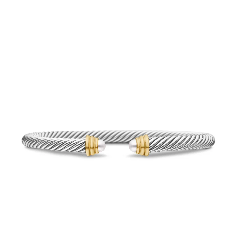 Women’s thick bangle-Classic Cable Bracelet in Sterling Silver with 14K Yellow Gold and Pearls\, 5mm