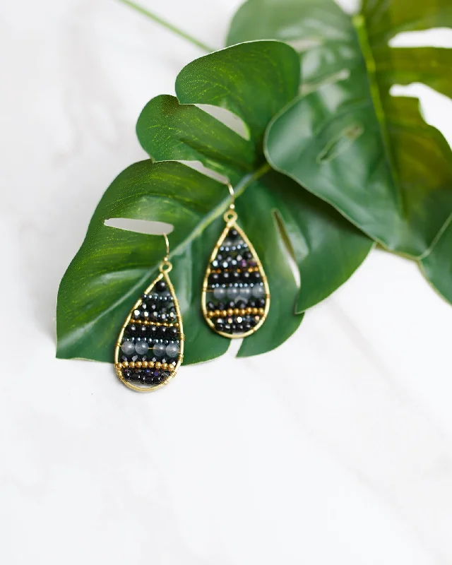 Women’s handmade earrings-Black Beaded Teardrop Earrings