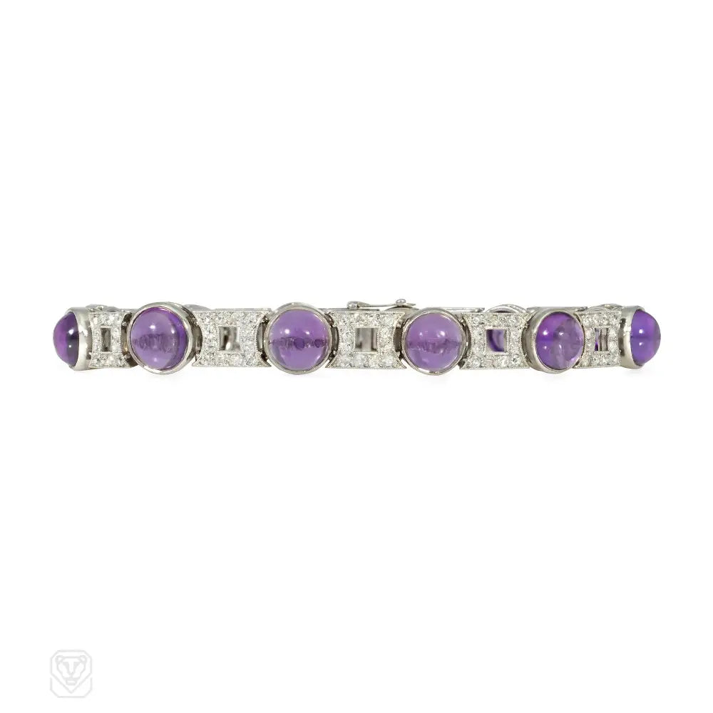 Women’s diamond cuff bracelet-French Art Deco cabochon amethyst and diamond bracelet