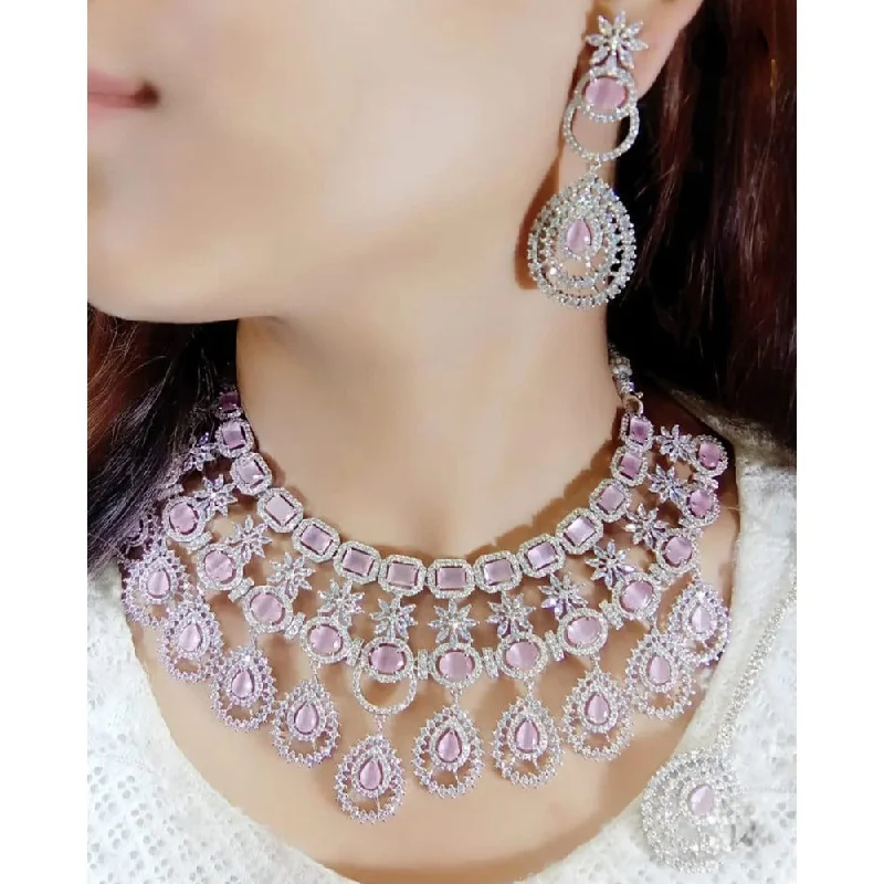 Women’s elegant necklaces-Akruti Collection Silver Plated American Diamond Necklace Set