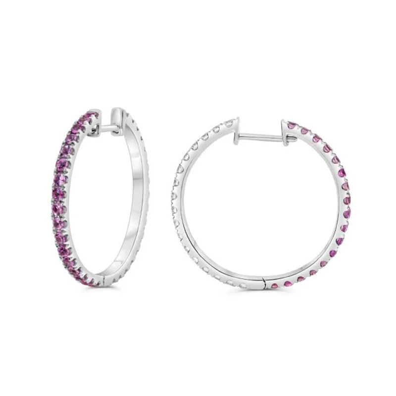 Women’s minimalist earrings-Pink Sapphire & Diamond Hoop Earrings