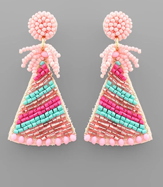 Women’s stud earrings-Beaded Earrings, Pink Birthday Hat